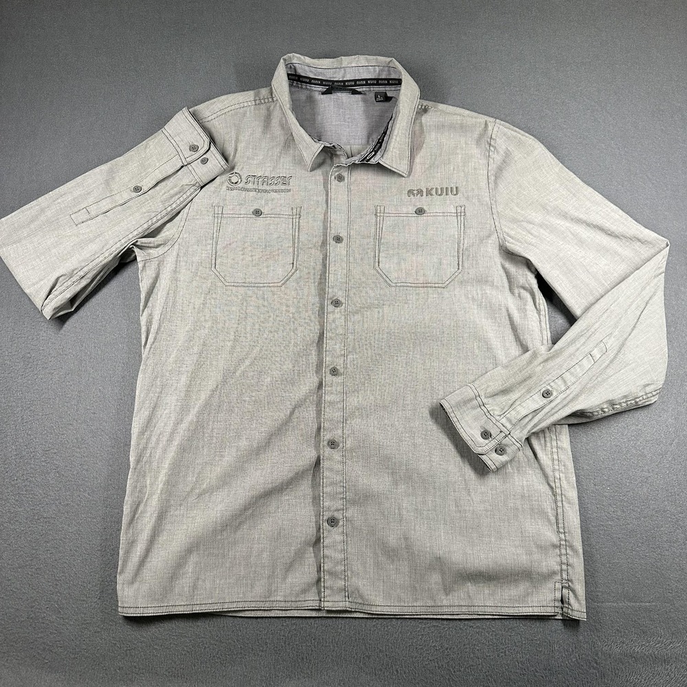 KUIU Shirt Mens Large Gray Striped Long Sleeve Button Up Stretch Outdoor Hunting